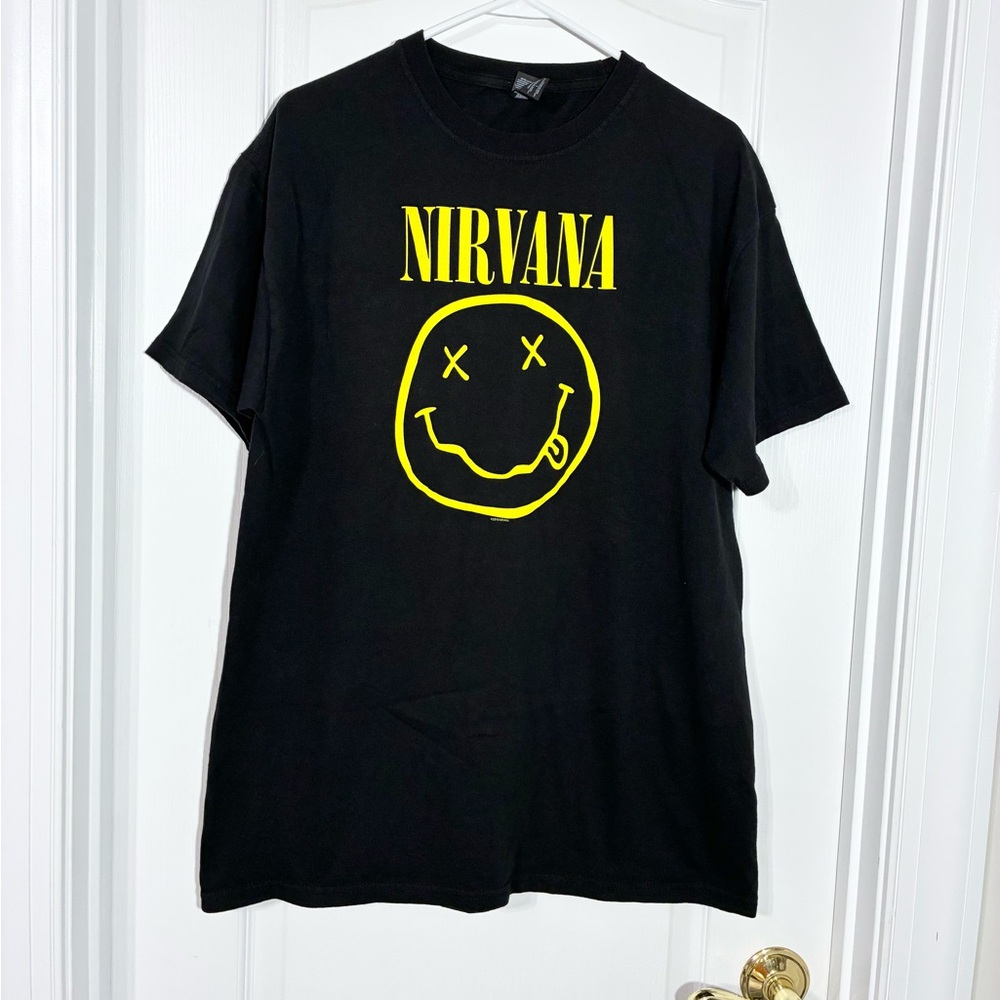 Y2K Nirvana Smiley Face Flower Sniffin Front & Back Graphic Tee Black Yellow L